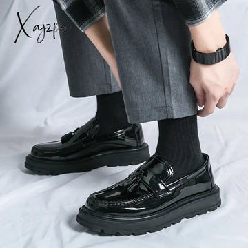 Fashion Thick Bottom Men’s Business Patent Leather Shoes Slip-On Tassel Student Office Loafers